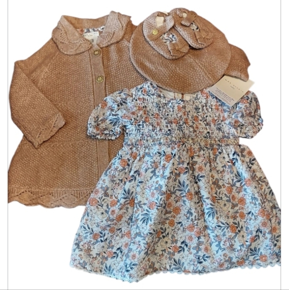 NWT Max Studio Baby Knit Cardigan, Dress, Beret, And Slippers Set ~sz 6-9M